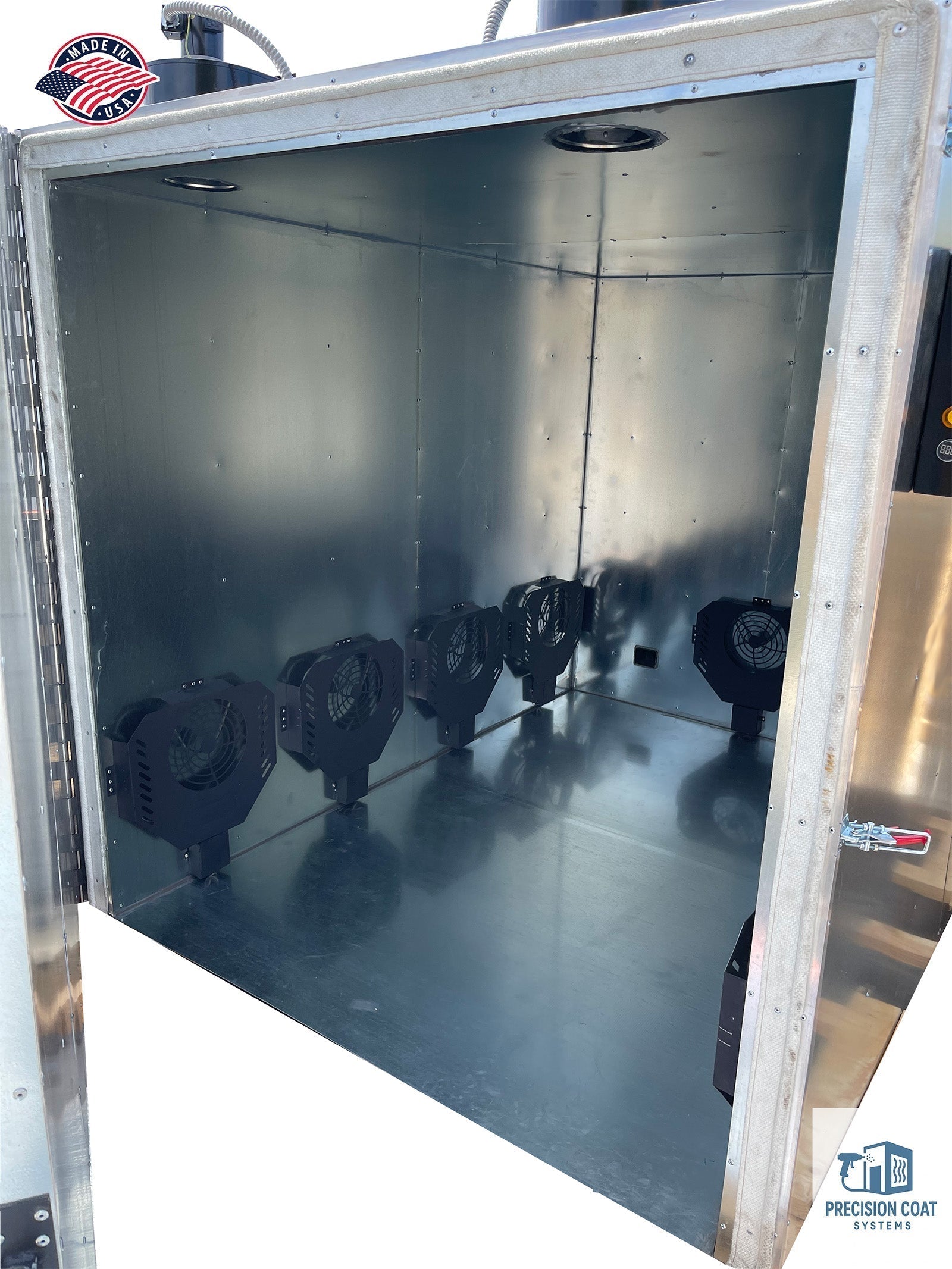 PrecisionCoat Systems powder coating oven interior showing circulation fans for improved airflow, maintenance access, and curing efficiency.